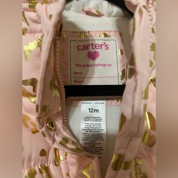 Carter’s Pink Leopard Puffer Jacket with hoodie girls sz 12m. - Picture 2 of 5